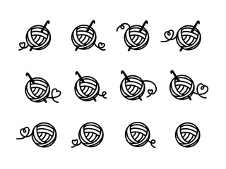 Yarn ball with crochet hook icon, logo. Black line icon, illustration set.