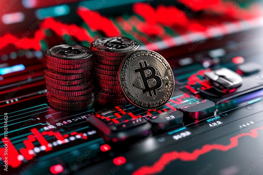 Poster A futuristic trading platform with holographic currency symbols and a 3D forex chart interface