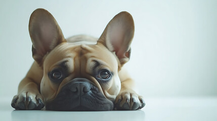 Fototapeta premium bulldog lying down comfortably with relaxed pose, showcasing its adorable features and expressive eyes. This captures essence of calm and content pet