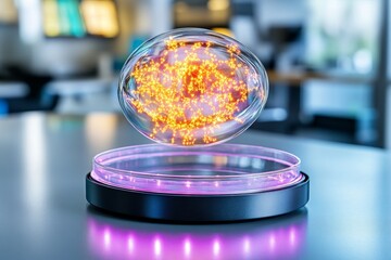 A genetically modified organism showcased in a petri dish, with vibrant colors and unique cellular structures glowing under a microscope