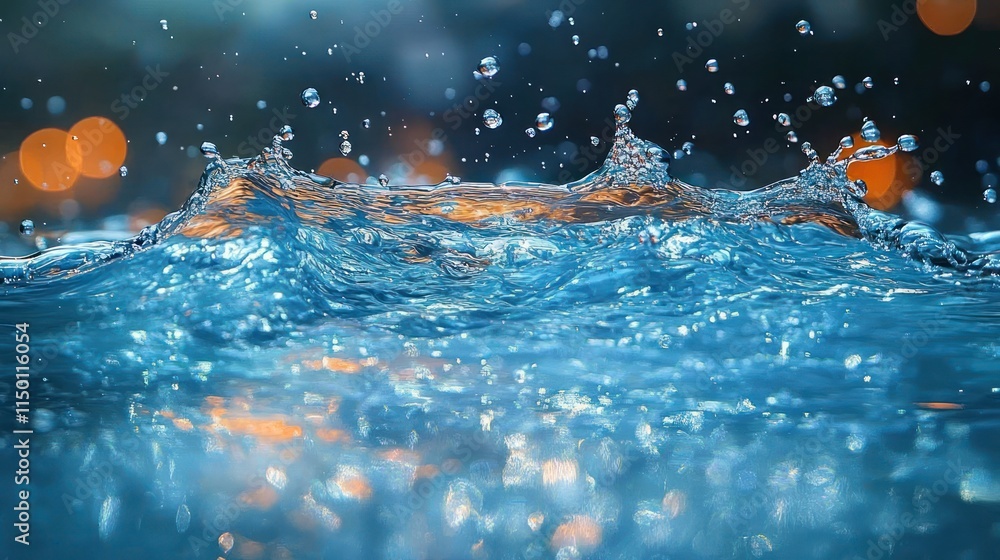 Poster water droplets splashing, creating a crown-like wave with bokeh background.