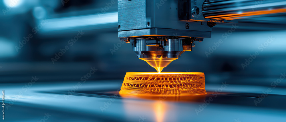 Poster close up of 3d printer creating intricate design with vibrant orange filament, showcasing advanced t