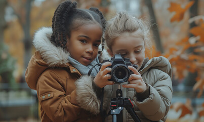 Girl photographer. Professional photographer on blurred background. Young beautiful woman photographer. Hipster. Business and travel concept.