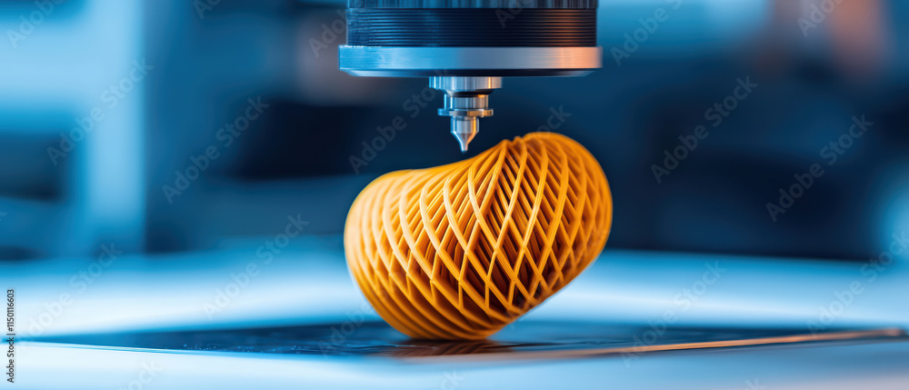Poster close up of 3d printer creating intricate yellow object, showcasing advanced technology and precisio