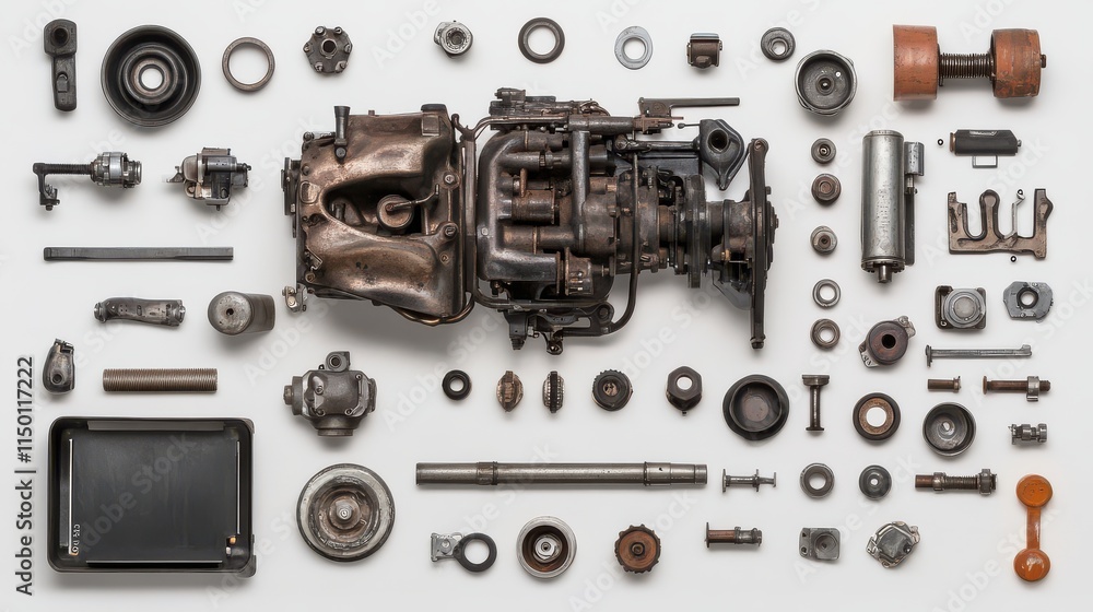 Aufkleber detailed arrangement of various engine parts and components displayed on a white background for indu