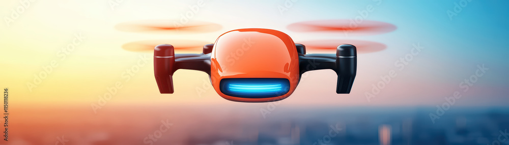 Poster close up of futuristic flying drone navigating through vibrant sky. sleek design and glowing lights 