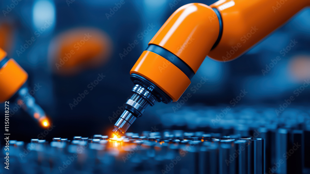 Poster close up of automated robotic arm working factory, showcasing precision and technology. vibrant oran