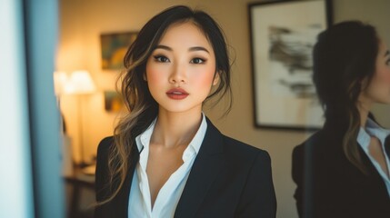 Obraz premium Confident young Asian businesswoman in hotel room.