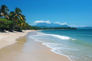 Obraz premium Tropical beach with turquoise waters and lush vegetation