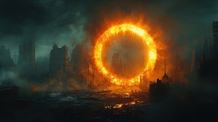 Obraz premium A fiery ring illuminates a desolate urban landscape, evoking apocalyptic themes.
