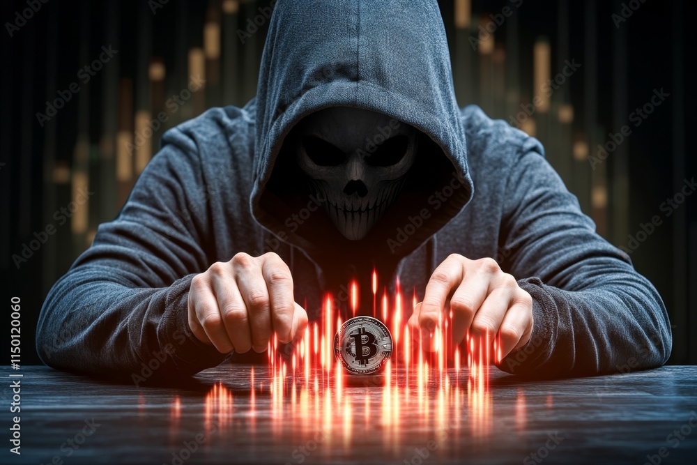 Poster A gothic-style forex scene with dark glowing charts and a trader analyzing a mysterious black coin surrounded by shadows