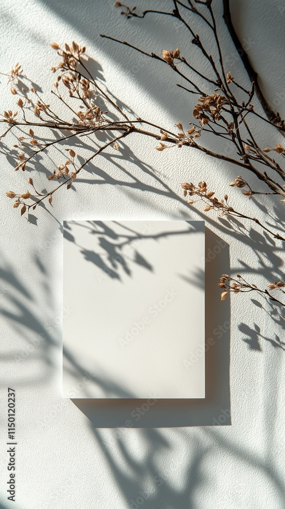 Poster a blank white card rests softly against a minimalist background, surrounded by dappled shadows from 