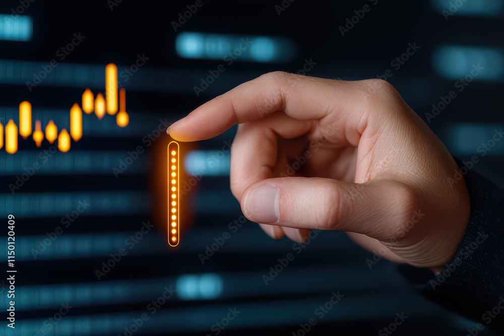 Poster researcher analyzing data trends with finger pointing at digital graph