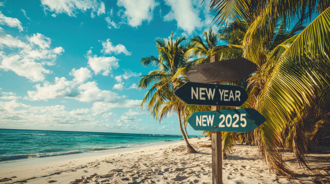 Direction signs. Hapy new year 2025 written on direction signs, tropical beach background, travel and tourism greeting card