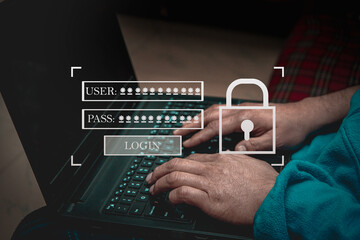 man use laptop and touch screen login username and password identity or sign up register of cyber security internet access join social or personal data protection or forget pass key unlock.