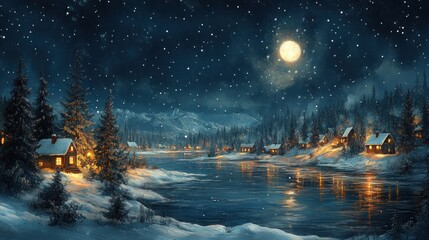 Snowy winter night scene with moonlit river, snow-covered houses, and pine trees.