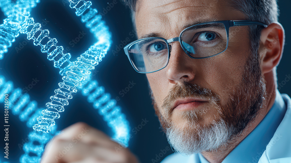 Poster scientist analyzing dna sequences with focused expression
