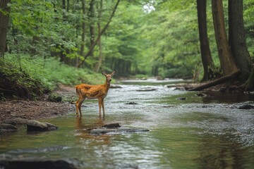 Deer standing in a calm forest river during daylight