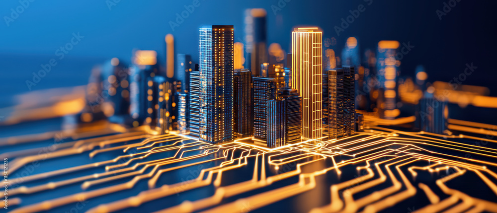Poster close up view of smart city illuminated with glowing circuits, showcasing modern architecture and te