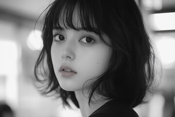 Fototapeta premium Black and white portrait of a young girl with thoughtful eyes