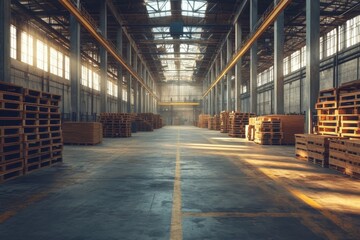 Obraz premium Wide industrial warehouse with sunlight streaming inside