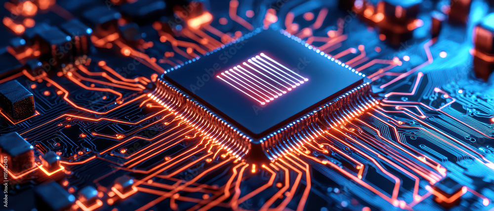 Poster close up view of glowing microchip on circuit board, showcasing intricate details and vibrant colors