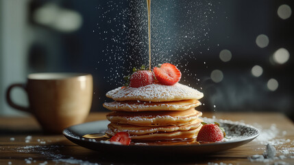 National Pancake Day, A stack of fluffy golden pancakes with maple syrup slowly flowing on top, garnished with fresh strawberry slices and powdered sugar, Ai generated images