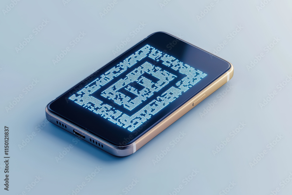 Poster smartphone displaying qr code on its screen, showcasing technology and connectivity