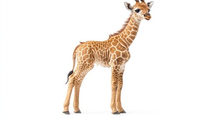Obraz premium Adorable baby giraffe standing against a white background.
