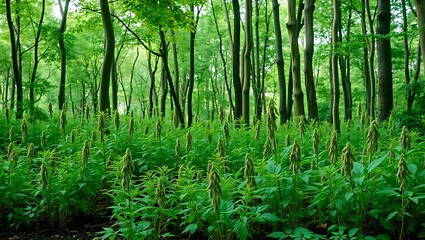 Obraz premium Forest plants with brown seed heads among trees, suitable for nature backgrounds, botanical illustrations, environmental concepts, and biodiversity themes