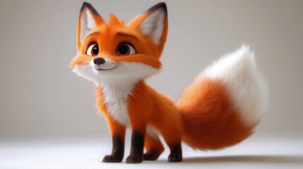 Obraz premium Adorable 3D rendered red fox kit with fluffy tail, sitting on white background.
