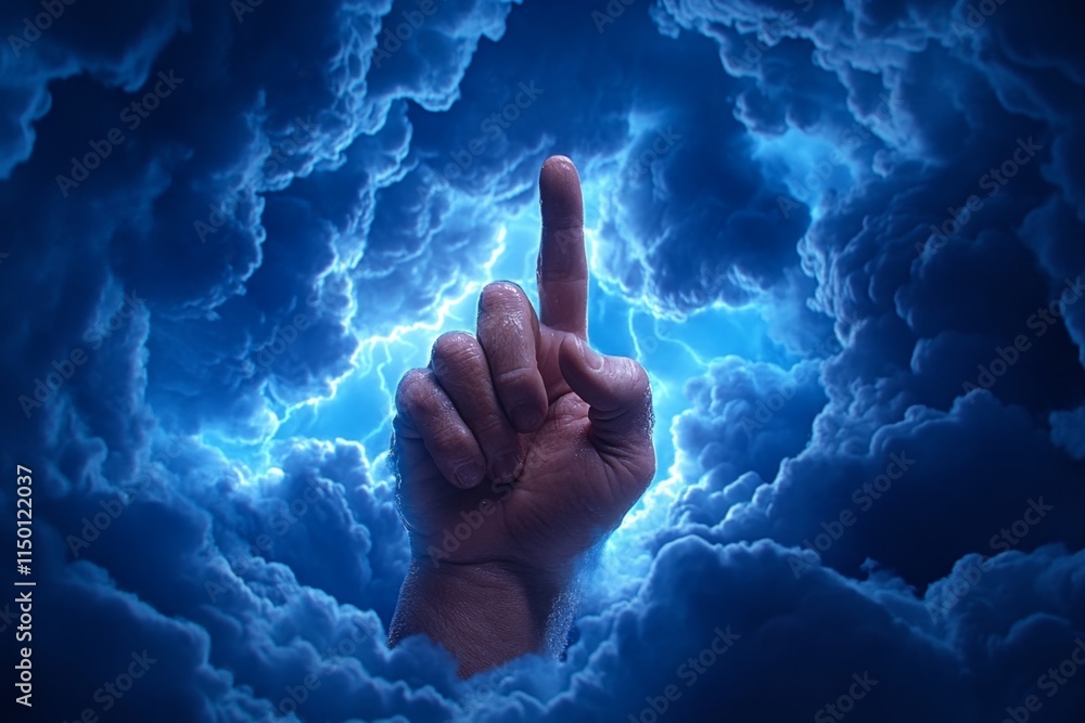 Poster a hand reaching down from the heavens, surrounded by ethereal light and swirling clouds, symbolizing
