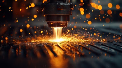A close-up of a metal cutting process, showcasing sparks and molten material being generated, highlighting industrial machinery in action.