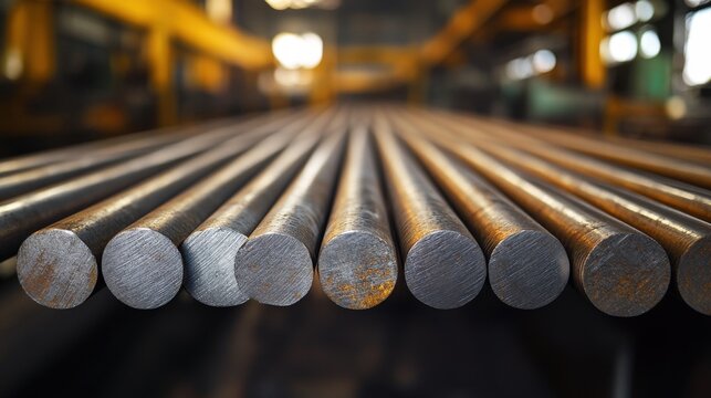 A close-up view of cylindrical metal rods arranged in parallel, showcasing their textures and surfaces in an industrial setting.