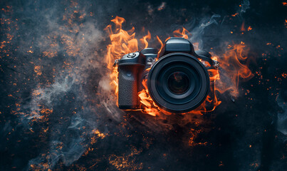 Professional camera close-up on a bright background. Photo camera. Place for text. Banner.