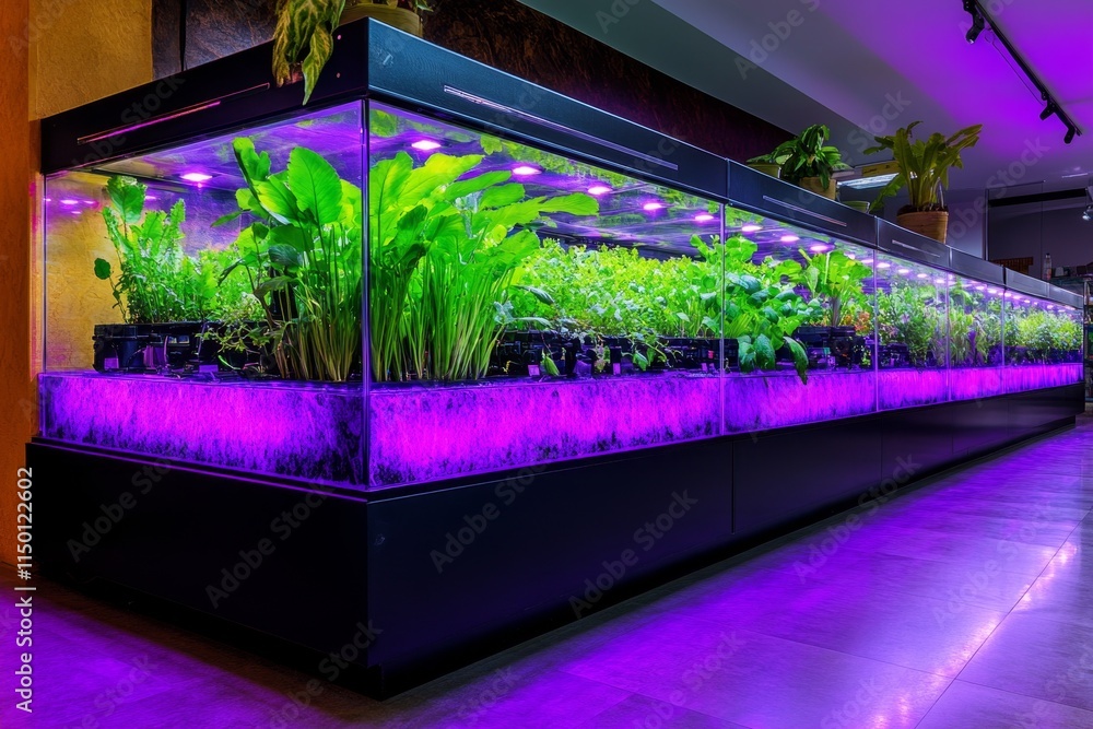Poster a high-tech laboratory with scientists examining genetically modified plants glowing under uv light,