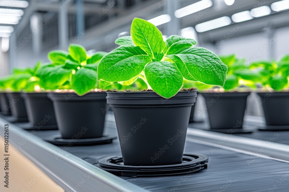 Poster a high-tech laboratory with scientists examining genetically modified plants glowing under uv light,