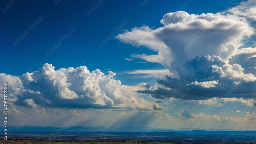 Poster sunbeams dramatically pierce through a dynamic cloudscape over a distant mountain range and golden p