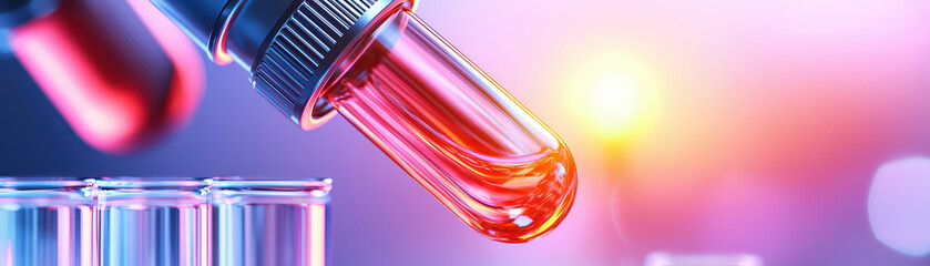 Naklejka premium close up of dropper releasing vibrant liquid into test tubes, showcasing scientific experimentation and innovation