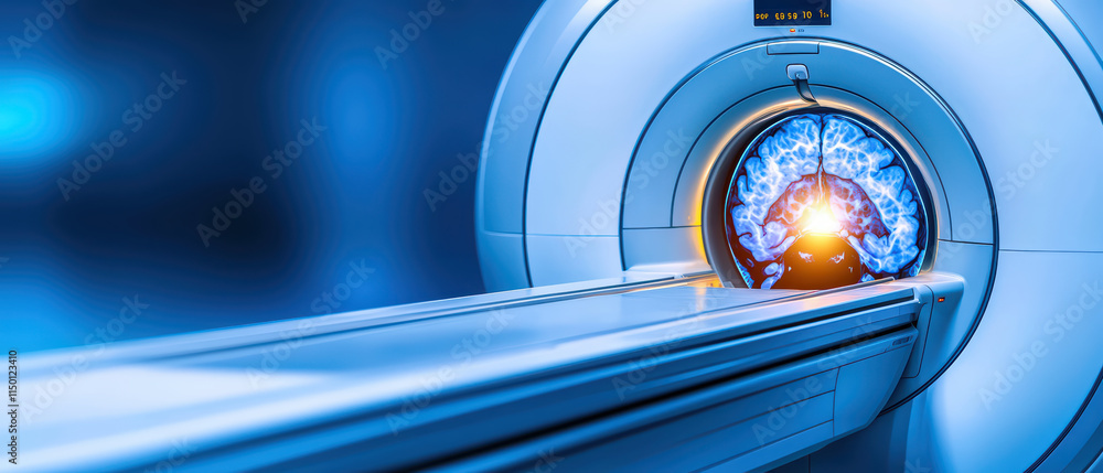 Poster close up of advanced mri scanner showcasing brain scan in vivid detail, highlighting its intricate s