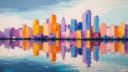 Fototapeta premium Abstract Cityscape Painting of a Vibrant Skyline Reflecting on Calm Wate skyline reflected in water