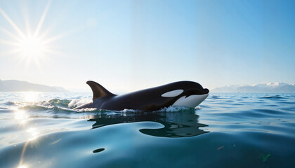 Fototapeta premium An orca gracefully swims through the calm waters, basking in the warmth of the sun on World Wildlife Day, highlighting the beauty of marine life and conservation efforts