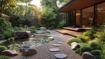 Serene garden with pond, stepping stones, and modern house.