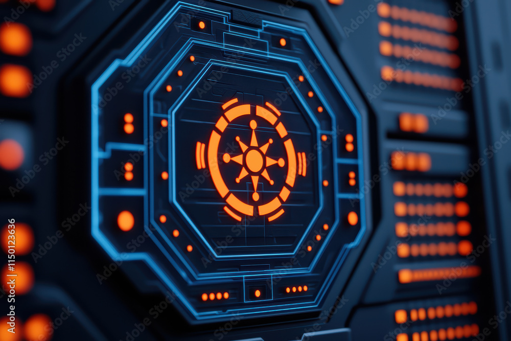 Poster close up view of futuristic digital interface featuring glowing orange and blue elements, showcasing