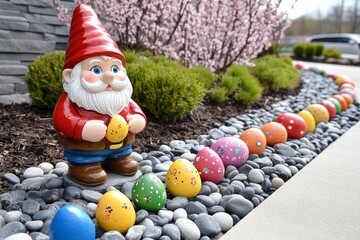 A magical gnome garden during spring, with cherry blossoms in full bloom and gnomes painting decorative eggs