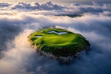 A magical golf course floating in the clouds, with glowing greens, enchanted sand traps, and mystical elements like floating flags and shimmering light trails from golf balls