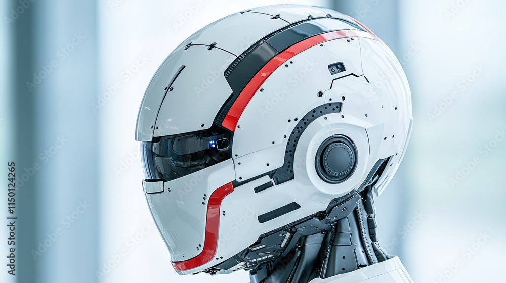 Poster close up of futuristic robot head showcasing advanced technology and design. sleek helmet features i