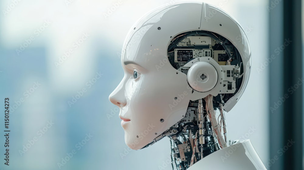 Poster close up of ai robot showcasing intricate technology and design, reflecting innovation and future po