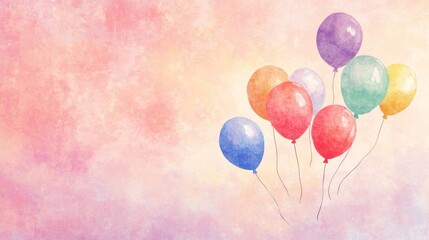 Watercolor pastel balloons floating on a soft pink background.