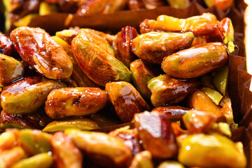 Sweet food Turkish delight, traditional food, crunchy pistachio bars, granola